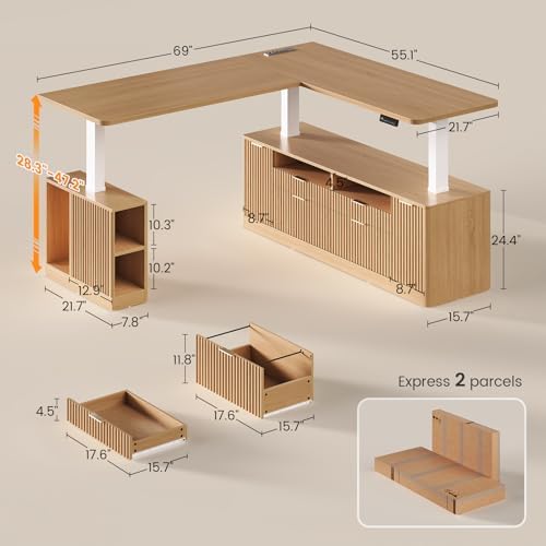 SEDETA Fluted L Shaped Executive Electric Standing Desk with 4 Drawers - Image 2