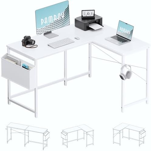 Pamray 47 Inch Reversible L Shaped Gaming Desk Corner Computer Desk with Storage Bag Home Office Table for Writing Study White - Image 3