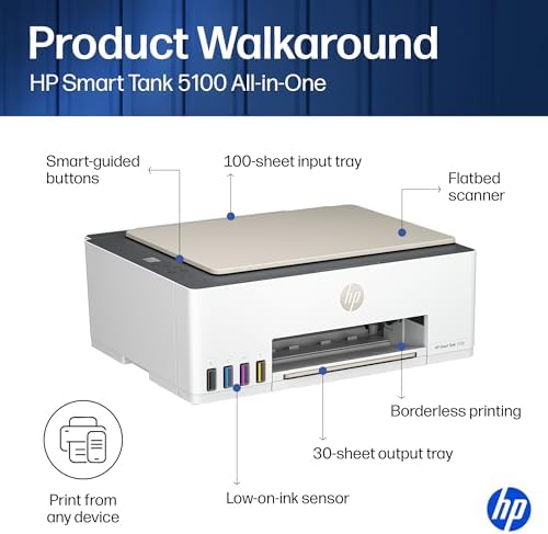 HP Smart Tank 5100 Wireless All-in-One Refillable Printer, Scanner, Copier with up to 3 Years of Ink Included, Best-for-Home, Cartridge-Free, AI-Capable (9B2D1A) - Image 4