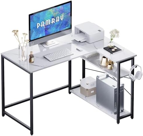 Pamray 43 Inch L Shaped Computer Desk with Reversible Side Storage Shelves, Small Corner Desk for Small Space Home Office,Writing Study Table PC Desk for Bedroom,White Marble by PAMRAY