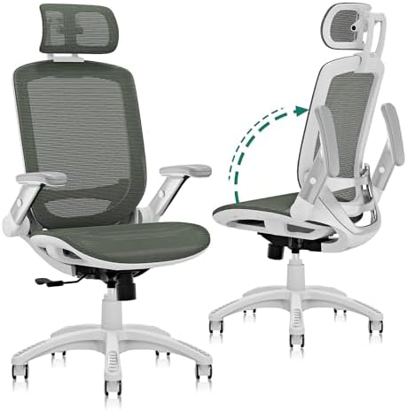 GABRYLLY Ergonomic Office Chair, High Back Home Desk Chair with Headrest, Flip-Up Arms, 90-120° Tilt Lock and Wide Cushion, 300LBS Mesh Chairs for Man Woman, White Task Chair(Olive Green,GY01WOG) by GABRYLLY
