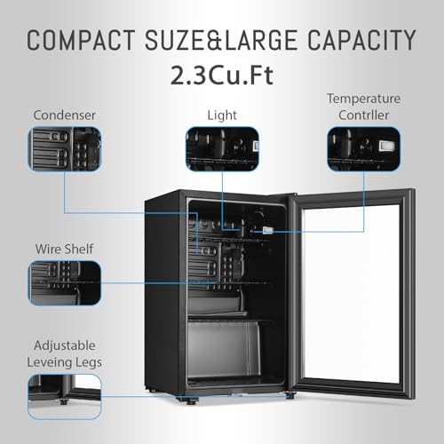 HAILANG Beverage Refrigerator, 2.3 Cu.Ft, Mini Fridge with Glass Door for Soda Beer, Freestanding Beverage Cooler for Office, Bar, Adjustable Shelving&Adjustable Foot - Image 2