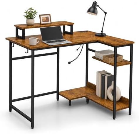 DEVAISE Compact 43 Inch L Shaped Gaming Desk with LED Lights, Rustic Brown by DEVAISE