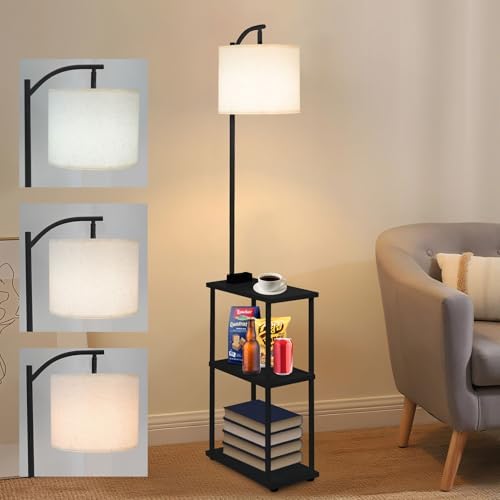 Qupui Floor Lamp with Side Table, USB Charging, 3-Color LED, Black by Qupui