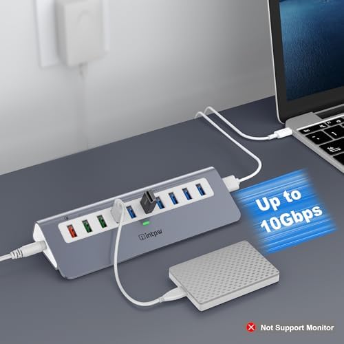 Powered USB Hub 10Gbps, 10 Port USB 3.2 Gen 2 Hub with 7 USB 3.2 Data Ports, 3 Fast Charging Ports, 36W Power Adapter, Type A and Type C Cable, Aluminum USB Hub for Laptop, Mac, PC - Image 3