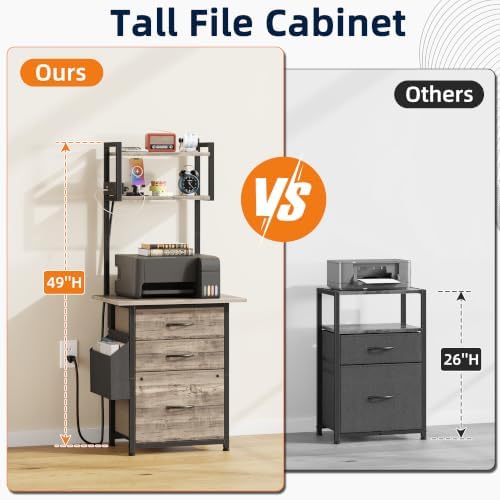 HIGDBFE 3 Drawer File Cabinet with Charging Station, 49''H Tall, 3-Tier Small Filing Cabinet for Home Office, 20''*15'' for Small Printer, Fabric Drawer, Printer Stand, Grey - Image 5