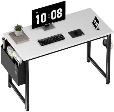 Lufeiya Computer Desk White Writing Table for Small Spaces Home Office 39 Inch Modern Study PC Desk with Storage Bag Hook, White Black by LUFEIYA