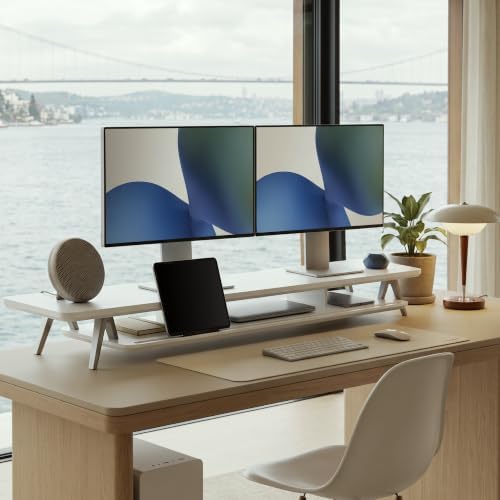 Fenge Dual Monitor Stand Riser, Wooden Desk Shelf with 2-Tier Storage - Image 2