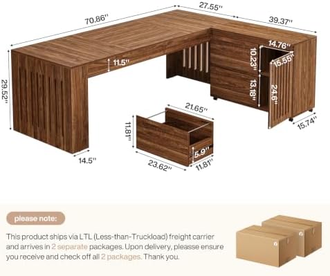 Tribesigns 70.87" Executive Desk with Mobile File Cabinet, Large L-Shaped Computer Office Desk with Rolling Storage Drawers, Business Workstation Set with Slatted Legs for Home Office, Brown - Image 2