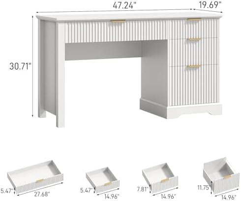 Vabches Fluted Executive Desk with Drawers, Wood Computer Desk with Ample File Drawer, Home Office Desk with Storage for Study, Bedroom, Living Room, White - Image 2