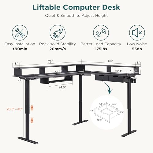 RedLemon 75x60 Inches L Shaped Electric Standing Desk, Carbon Fiber Black - Image 2