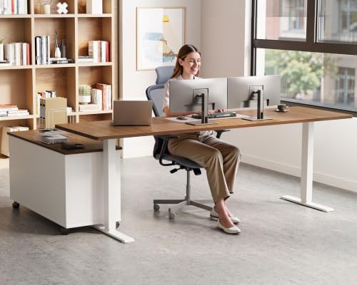 OffiGo 71" L Shaped Electric Standing Desk with Cabinet Sets, Walnut/White - Image 2