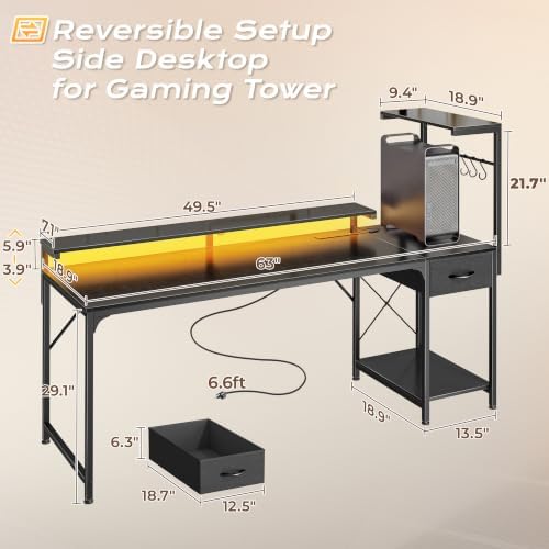 PRAISUN 63 Inch Gaming Desk with LED Lights & Power Outlets - Image 3