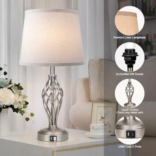 Ruiever Touch Table Lamps Set of 2, nightstand lamp with USB Ports Bedside 3 Way Touch dimmer Desk lamp for Living Room Bedroom,Nickel Plated Spiral cage Base Design Warm White dimmer Bulbs Included. - Image 3