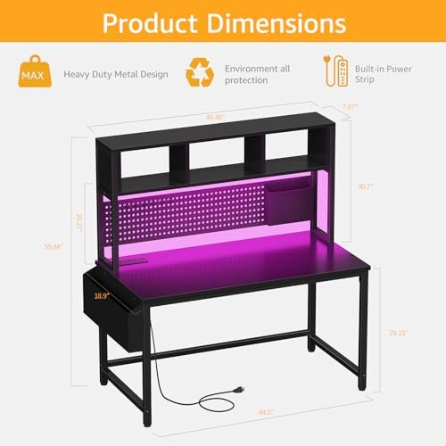 DLisiting Black Gaming Desk with Hutch and Pegboard, 47 Inch - Image 3
