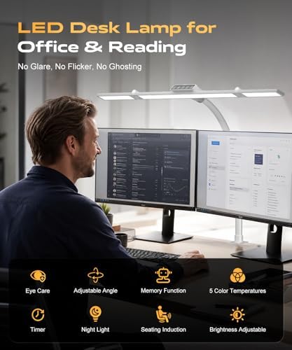 LED Desk Lamps for Home Office, Desk Light with Remote & Touch Control, Stepless Dimming,5CCT,Motion Sensor Auto On/Off, Eye-Caring Desk Lamp with Clamp for Study, Reading,Dual Monitors,White - Image 2
