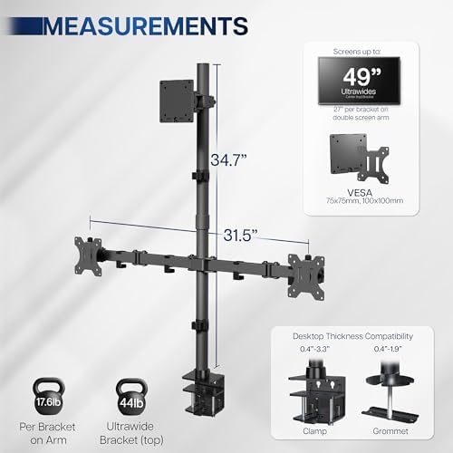VIVO Triple Monitor Extra Tall Desk Mount for up to 49 inch Ultrawides on Center Bracket and 27 inch Screens on Side Brackets, Holds up to 44 lbs, Black, STAND-V103T - Image 3