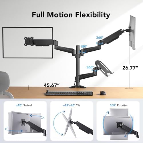 HUANUO Dual Monitor and Laptop Mount for Max 32” Monitor and 17” Laptop, Adjustable Arm with Tilt, Swivel and Rotation, Dual Monitor and Notebook Stand with VESA Bracket 75/100 mm - Image 3