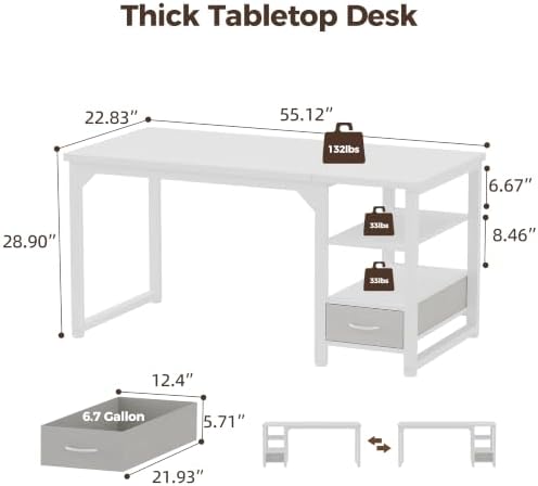 Mericonia 54 in Computer Desk with Drawer, 1" Thick Reversible Office Desk - Image 3