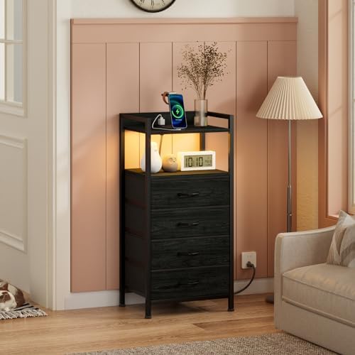 Furnulem Night Stand with Charging Station,LED,Tall Bedside Table for Dorm - Image 2