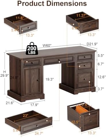 Vipbear 60" Farmhouse Executive Desk with Drawers and Cabinet, Embossed Texture Wood Home Office Desk, Rustic Computer Writing Desk, Workspace for Work Study Writing - Image 2