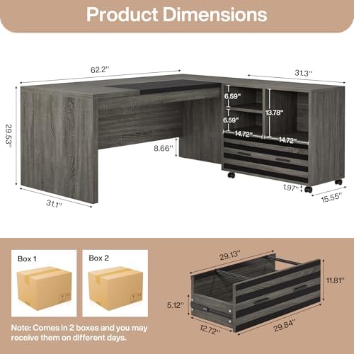 Tribesigns 62.2" L-Shaped Executive Desk with Mobile File Cabinet - Image 2