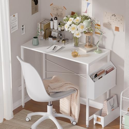 Pamray 32 Inch Computer Desk Small Spaces Desk with Storage Bag for Bedroom Writing and Home Office Work Small Study Desk Table White - Image 4