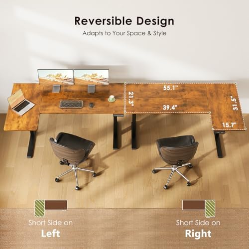 OffiGo 55 Inch Reversible L Shaped Electric Standing Desk, Rustic Brown - Image 5