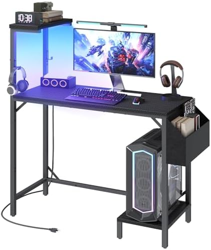 MAHANCRIS Gaming Desk, Computer Desk with Charging Station and LED Light, Small PC Desk with Side Storage Bag and Shelves, 2 Hooks, for Living Room, Home Office, Bedroom Black CDHS134E01 by MAHANCRIS