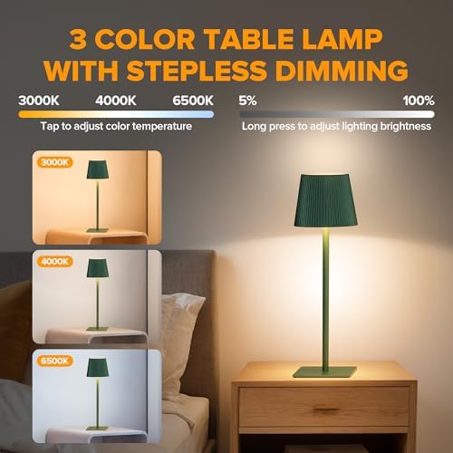 LUTEC 4 Pack Cordless Table Lamp,6000mAh Rechargeable Battery Operated Desk Lamp,Two Adjustable Heights,Waterproof, Touch Control & 3 Color Stepless Dimming for Restaurant/Bedroom/Bars/Outdoor (Green) - Image 2