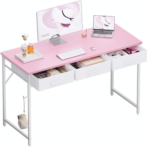 Pamray 47 Inch Small Computer Desk with 3 Drawers for Bedroom Study Writing Home Office Table for Small Spaces Pink by PAMRAY