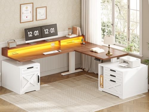SEDETA Farmhouse L Shaped Standing Desk, 70.1" x 73.2" Height Adjustable Home Office Executive Desk with Drawers, Power Outlet, Monitor Stand, Sit Stand Table with Led Lights for Home Office, White by SEDETA