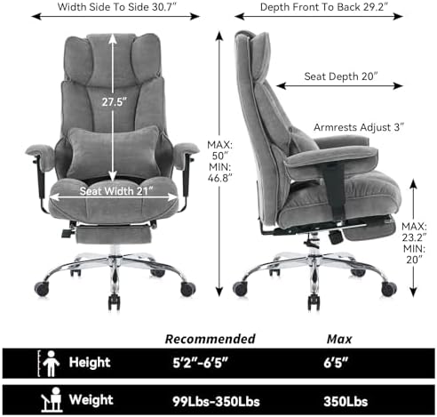 Efomao Big and Tall Fabric Executive Office Chair,Grey - Image 3