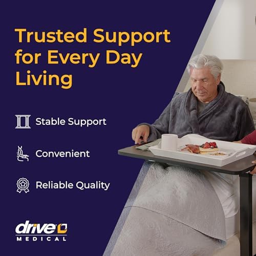 Drive Medical Overbed Table with Wheels, Woodgrain Top, Silver Vein - Image 3