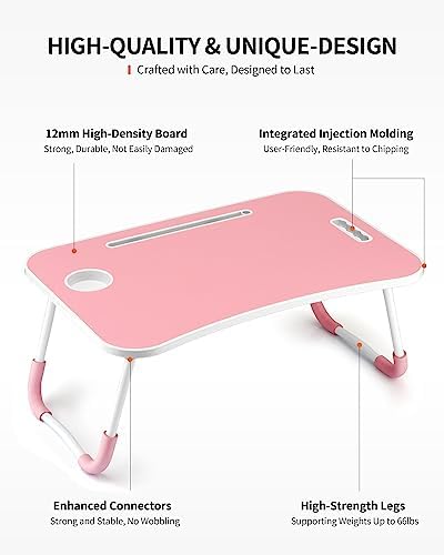FISYOD Foldable Laptop Table, Portable Lap Desk Bed Table Tray, Laptop Stand with Cup Holder & Tablet Slot & Lifting Handle for Working Writing Drawing & Eating (Pink) - Image 5