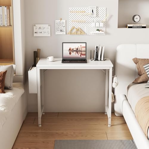 Lufeiya Small White Desk for Small Spaces, 32 Inch Kids Girls Study Writing Desks for Bedroom, Simple Modern Laptop PC Little Side Table with Storage Bag Headphone Hook, White - Image 4