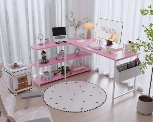 Pamray 57.5 Inch L Shaped Computer Desk with Reversible Side Storage Shelves, Small Corner Desk for Small Space Home Office,Writing Study Table PC Desk for Bedroom,Pink - Image 2