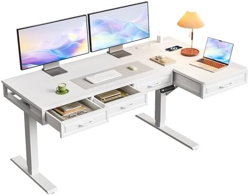 OffiGo 55 Inch L Shaped Standing Desk with 4 Wooden Drawers, White by OfficeGo-ForHomeOfficeWork