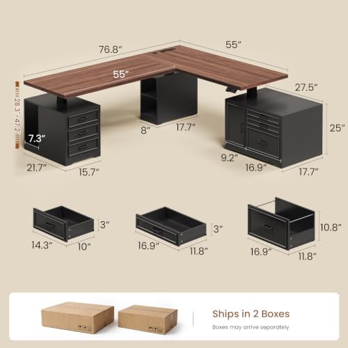 SEDETA Farmhouse L Shaped Electric Standing Desk with File Cabinet, 77 x 55'' Height Adjustable Home Office Computer Desk with 6 Drawers, Power Outlet, Sit Stand Desk, Black - Image 2