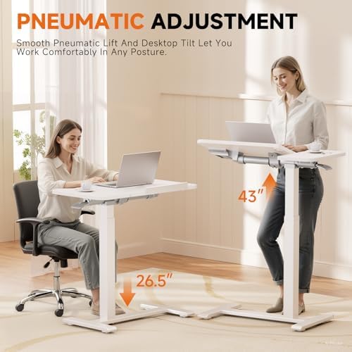 COMHOMA Tiltable Mobile Small Standing Desk, Pneumatic Adjustable Height Overbed Bedside Table with Wheels, Sit Stand Portable Rolling Laptop Desk Computer Workstations, White - Image 3