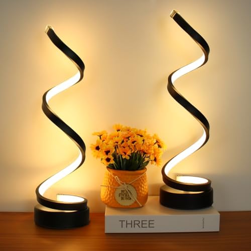 Modern Table Lamp Set of 2, Dimmable Spiral Desk Lamps for Bedside, 12W LED with 3 Color & 10 Brightness Levels, Perfect for Bedroom & Living Room (Black) by BESKETIE