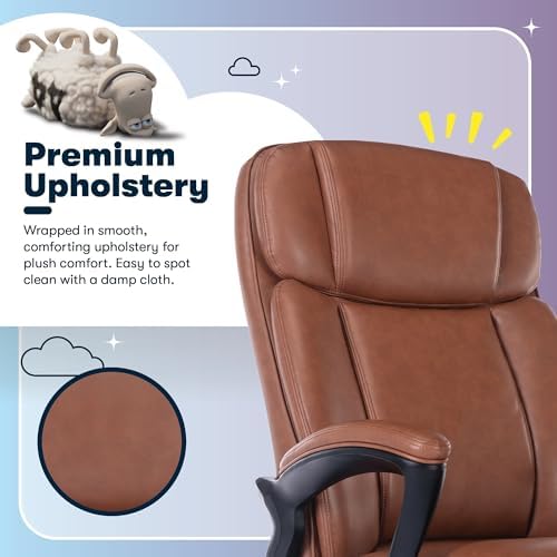 Serta Fairbanks Big & Tall Executive Office Chair, Ergonomic High-Back with Lumbar Support, Semi-Plush Seat Cushion and Body Pillows, Padded Armrests, Nylon Swivel Base, Bonded Leather, Cognac Brown - Image 4