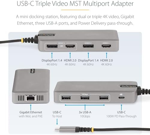 StarTech USB-C Triple 4K HDMI DP Docking Station, 100W Laptop Charging, GbE - Image 3