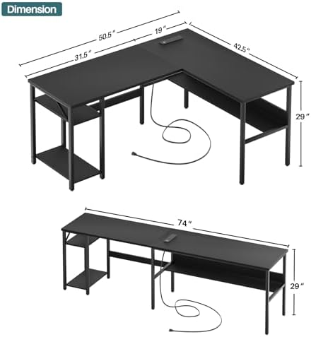 Unikito Reversible L Shaped Desk with Magic Power Outlets and USB Charging Ports, Sturdy Corner Computer Desk with Storage Shelves, Gaming Table Home Office Desk, Easy to Assemble, Black - Image 3