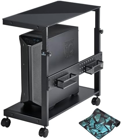 EUREKA ERGONOMIC PC Stand Computer Cart Frosted Glass, Height Adjustable Tower Stand 2-Tier Suit for ATX Case Printer, Metal Rolling Cart on Wheels for Gaming Home Office, Black by EUREKAERGONOMIC