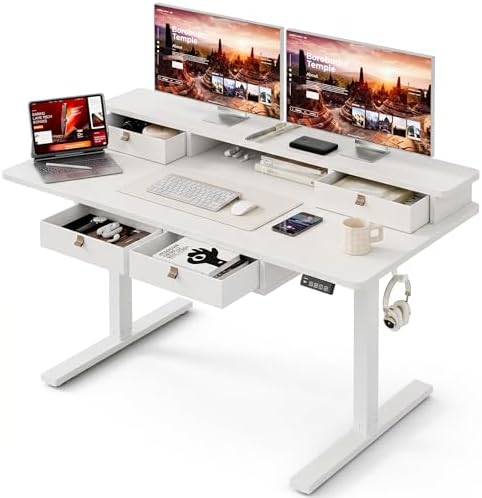 Grandder Electric Standing Desk with Four Drawers, Sit to Stand Up Height Adjustable Desk with Storage Shelf for Home Office, 47 * 28 Inch, Study, Ergonomic Adjustable Computer Desk, White by Grandder