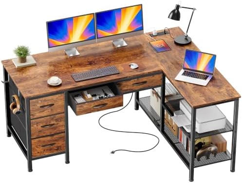 PRAISUN 47 Inch L Shaped Desk with Power Outlets, 5 Fabric Drawers by PRAISUN
