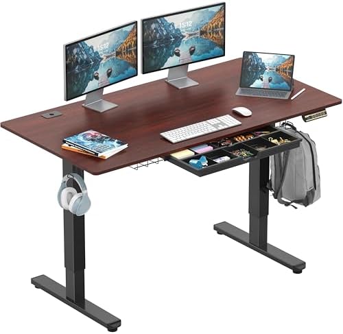 SHW 55 x 28 Electric Height Adjustable Standing Desk w/Drawer, Cherry by SHW