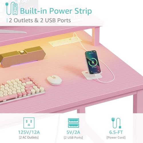 Lufeiya Small Girls Desk with Power Outlets and LED Lights, 32 Inch Gaming Desk Table with Charging Station, Home Office Computer Desks with Monitor, Pink - Image 6