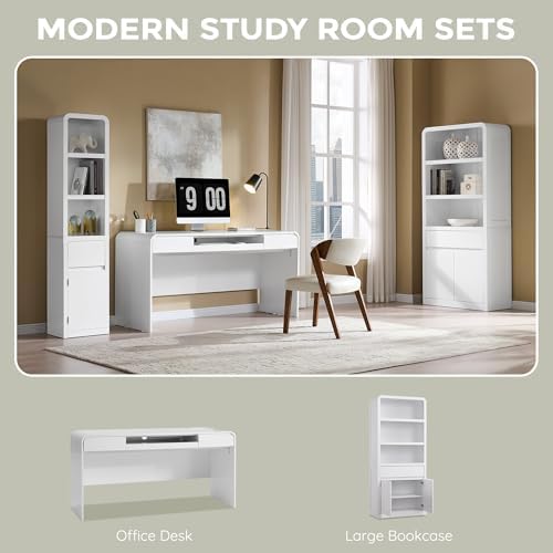 63" Modern Computer Desk with 2 Drawers, Wood Curved (White) - Image 6